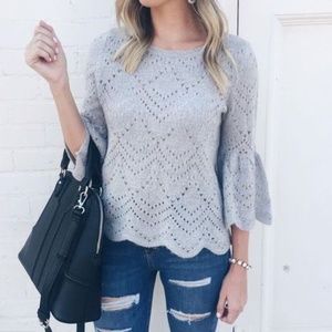 LC Lauren Conrad Grey Scalloped Bellsleeve Sweater